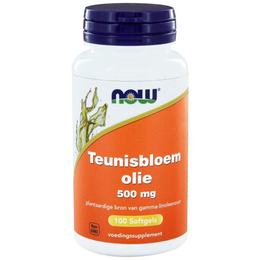 NOW Teunisbloemolie 500mg softgels, dietary supplement with omega fatty acids, in clear softgel capsules.