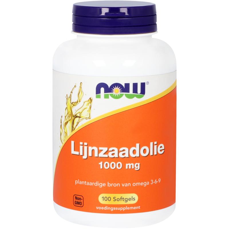 NOW Lijnzaadolie 1000mg softgel capsules, soft, oval-shaped, amber-colored, with clear markings on the capsules.