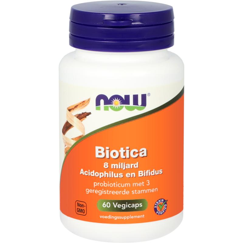 NOW Biotica 8 miljard probiotic capsules with acidophilus and bifidus, vegetarian micro-organisms in a bottle.