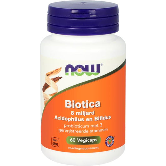 NOW Biotica 8 miljard probiotic capsules with acidophilus and bifidus, vegetarian micro-organisms in a bottle.