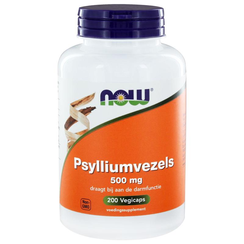 Vegetarian NOW Psyllium fiber capsules, 500mg, in a bottle, showing the herbal supplement for digestive health.