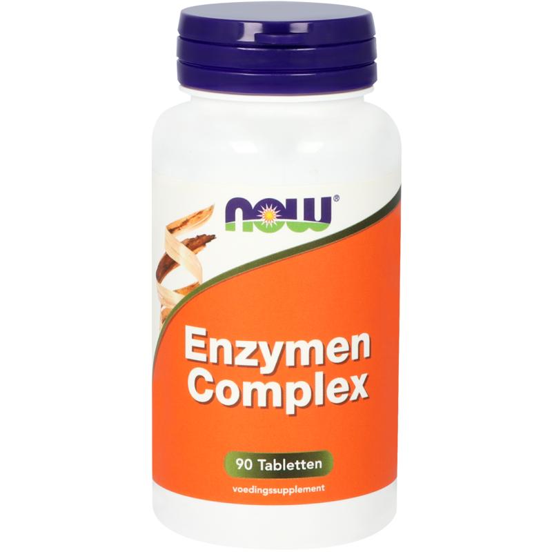 NOW Enzymen Complex dietary supplement in a bottle of 90 tablets, featuring fiber and enzymes for digestive health.