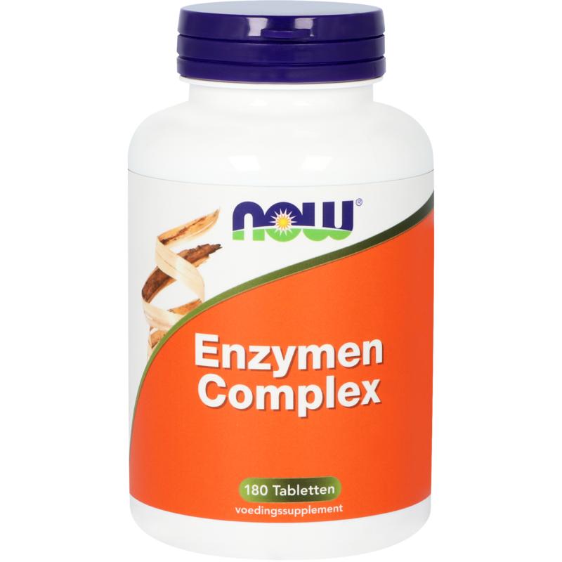 NOW Enzymen complex supplement with 180 tablets, featuring fibers and enzymes for digestive support.