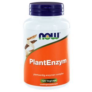 NOW PlantEnzym 120 vegetarian capsules in a bottle, herbal supplement for digestion, made by NOW.