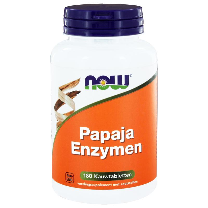 NOW Papaya enzymen kauwtabletten, 180 chewable tablets, with fiber and enzymes, shown in a close-up image of the supplement packaging