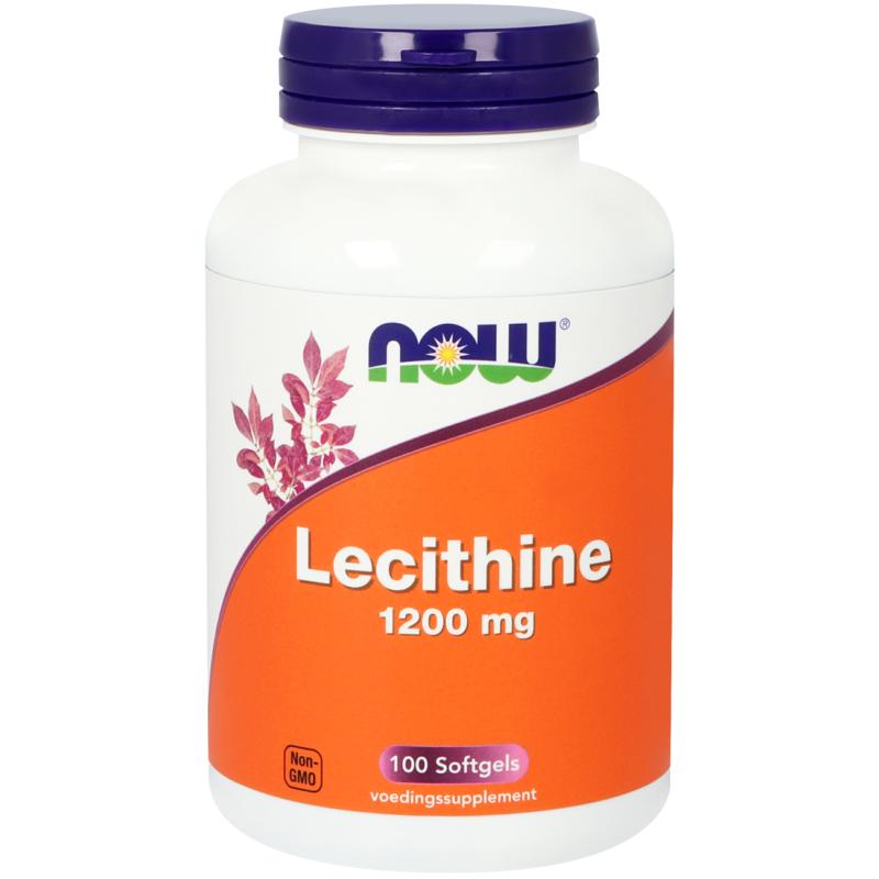 NOW Lecithine 1200mg softgels in a bottle, dietary supplement for liver and brain health, part of NOW kruidenpreparaten collection.