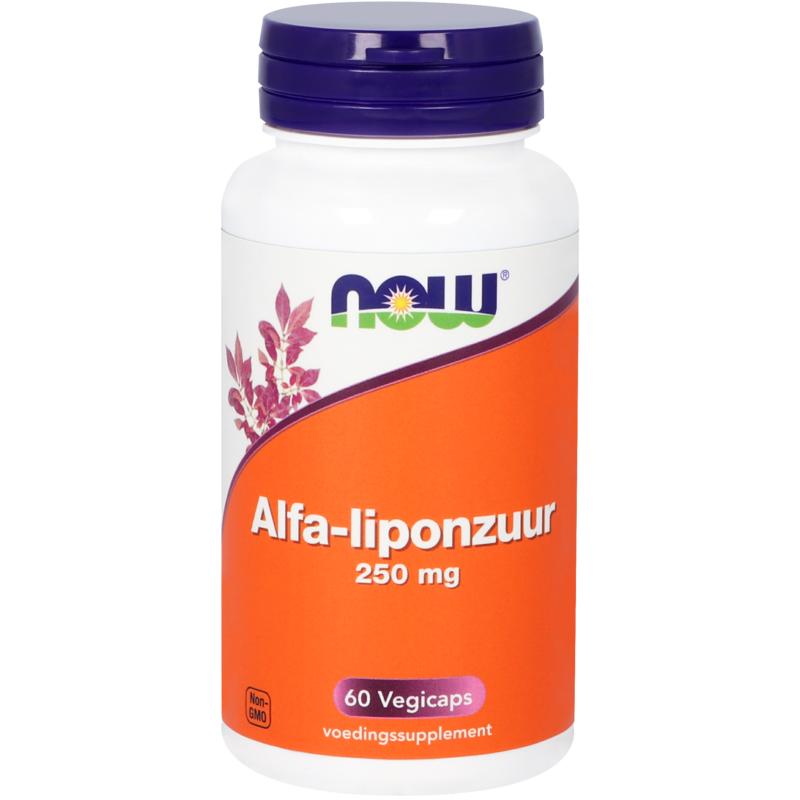 NOW Alfa-liponzuur 250mg vegetarian capsules in a container, dietary supplement for support of energy and metabolism.