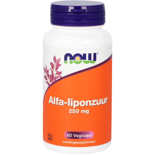 NOW Alfa-liponzuur 250mg vegetarian capsules in a container, dietary supplement for support of energy and metabolism.