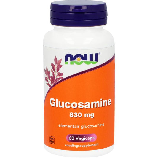 NOW Glucosamine vegetarian capsules, mineral supplement, 60 count, in a clear bottle with capsules visible inside.