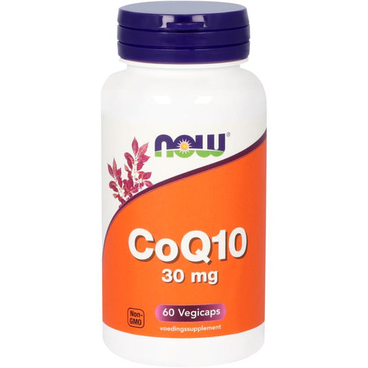 NOW CoQ10 30mg capsules bottle with 60 capsules, showing the supplement packaging and label for Coenzyme Q10 vitamin.