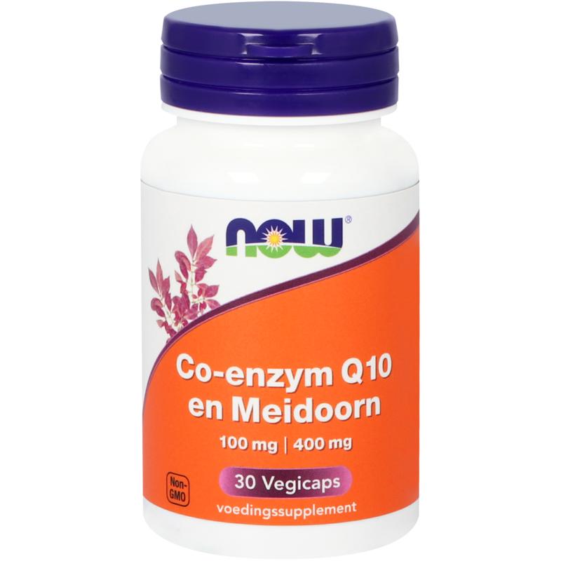 NOW Co-Q10 100mg vegetarian capsules with hawthorn, dietary supplement for heart health, shown in a close-up image.