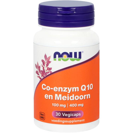 NOW Co-Q10 100mg vegetarian capsules with hawthorn, dietary supplement for heart health, shown in a close-up image.