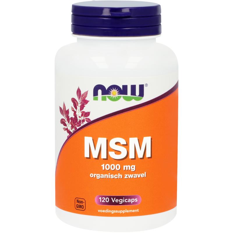 Bottle of NOW MSM 1000mg capsules, mineral supplement in a white container with a white cap and label.