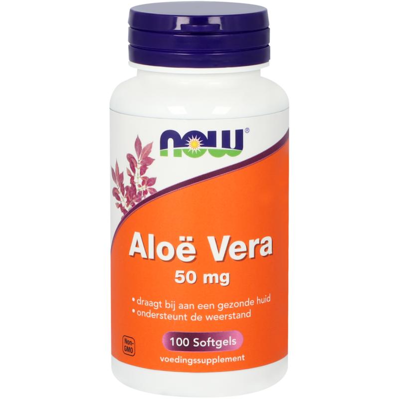 NOW Aloe Vera 50mg softgels bottle with label showing 100 softgels, herbal supplement for soothing skin and digestion.