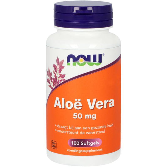 NOW Aloe Vera 50mg softgels bottle with label showing 100 softgels, herbal supplement for soothing skin and digestion.