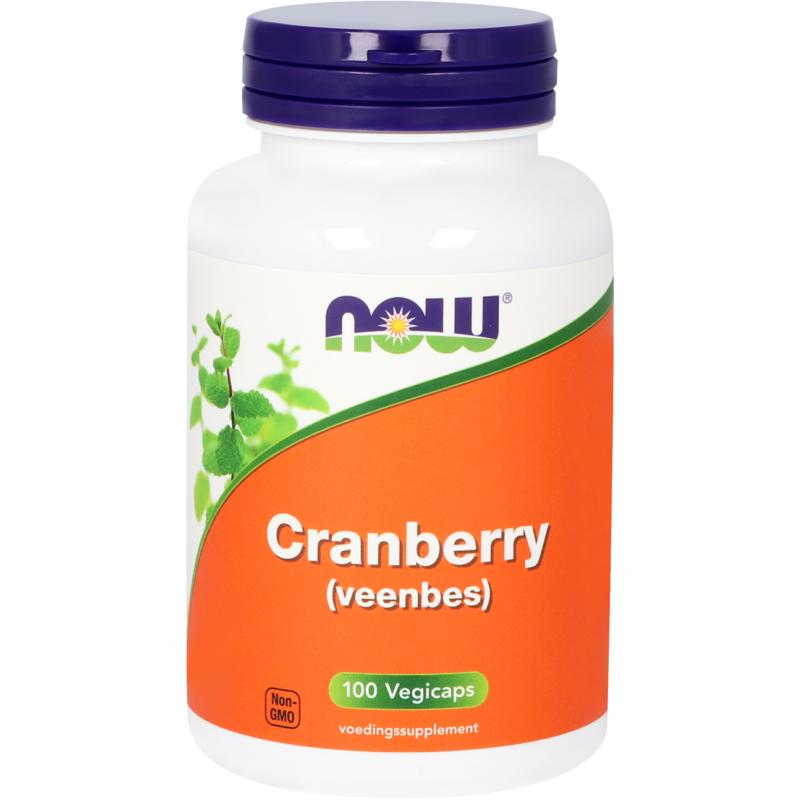NOW Cranberry vegetarian capsules for herbal supplements, showing brown capsules in a clear container.