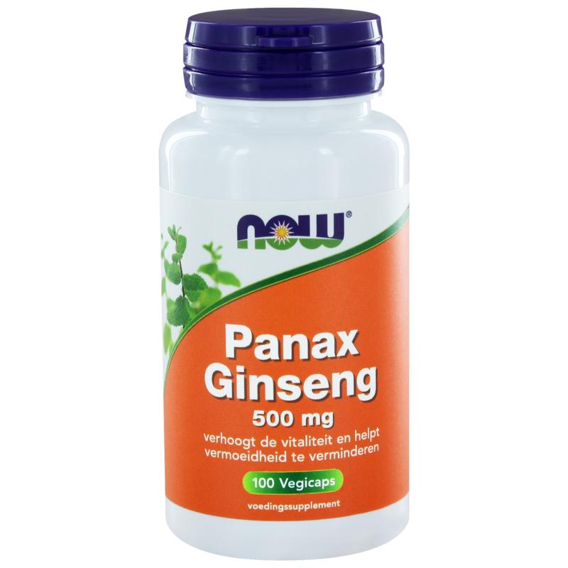 NOW Panax ginseng 500mg vegetarian capsules, herbal supplement in clear bottle with green label and capsules visible.
