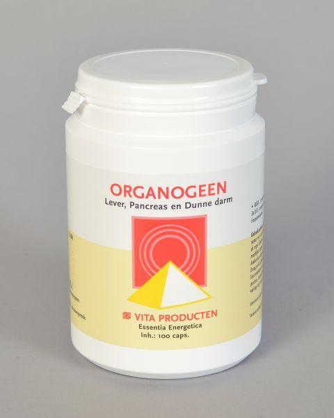Vita Organogeen herbal supplement capsules in a bottle, part of Vita's kruidenpreparaten product line.