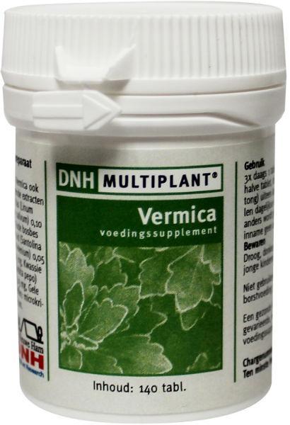 DNH Vermica multiplant herbal supplement tablets for digestive health, shown in a bottle with colorful tablets inside.