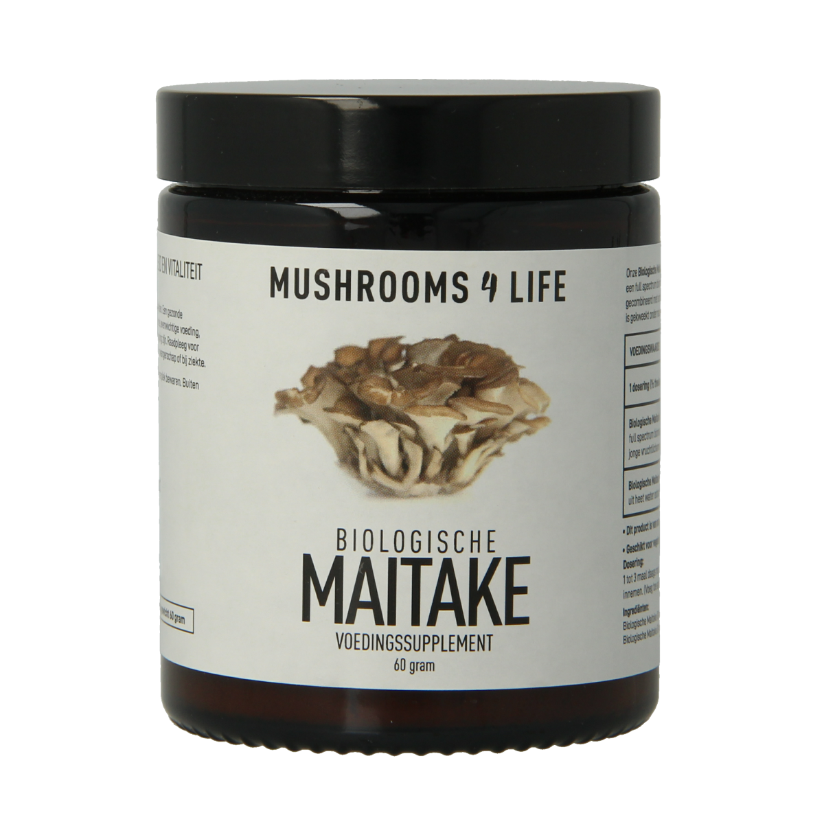 Organic Mushrooms for Life Maitake mushroom powder in a 60g package, shown in the image with dried Maitake mushroom pieces.
