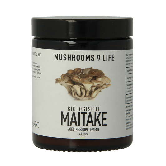 Organic Mushrooms for Life Maitake mushroom powder in a 60g package, shown in the image with dried Maitake mushroom pieces.