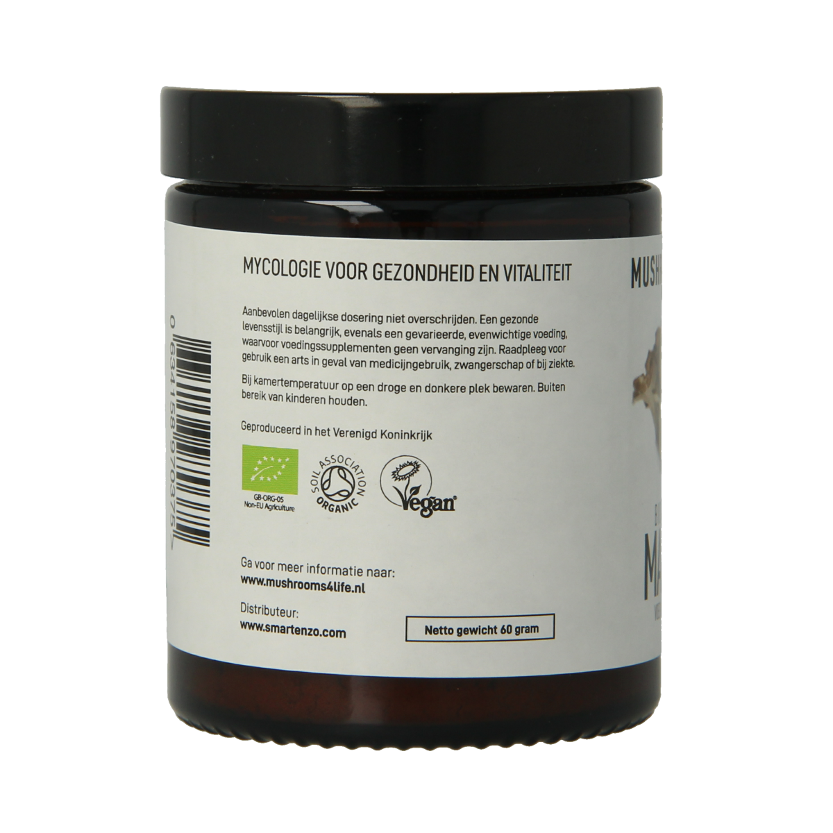 Organic Mushrooms for Life Maitake mushroom powder in a 60g package, shown in a clear image of the herbal supplement pouch.