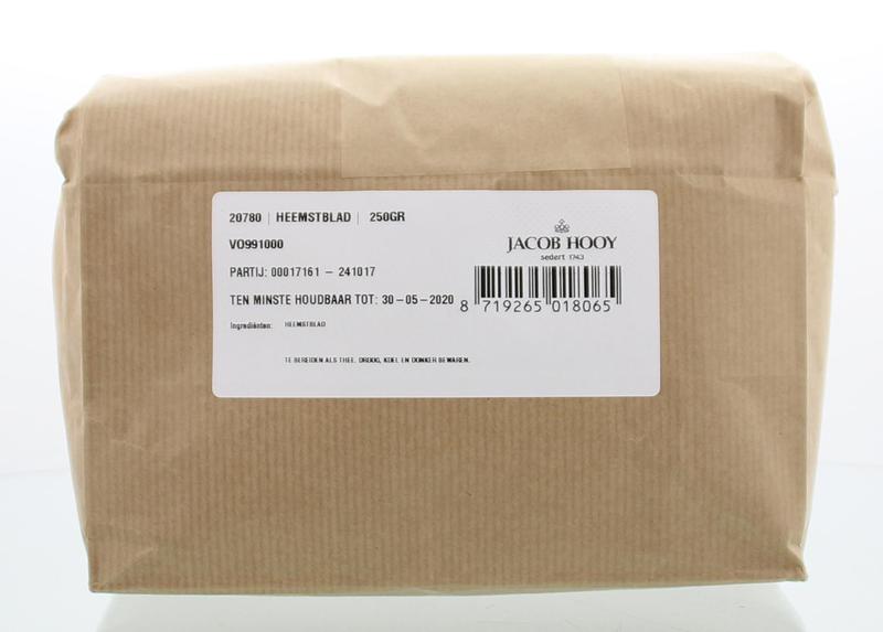 Jacob Hooy Heemstblad 250g of herbal seasoning, shown as dried heemstblad in a clear package.