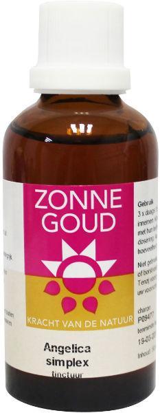 Zonnegoud Angelica simplex herbal supplement bottle, 50ml, in a natural setting with label visible.