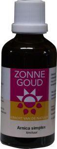 Zonnegoud Arnica simplex 50ml body care product in a clear bottle with a yellow label, featuring a natural herbal design.