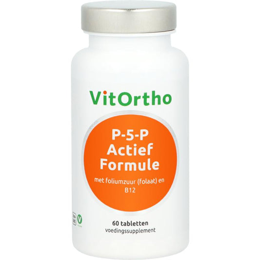 VitOrtho P-5-P active formula vitamin B6 tablets, 60 count, dietary supplement in blister pack.