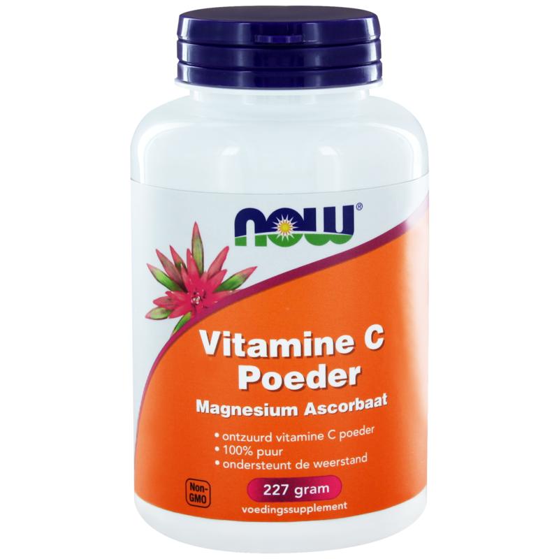 NOW Vitamine C powder in a 227g container, featuring magnesium ascorbate mineral supplement, shown in a close-up image.