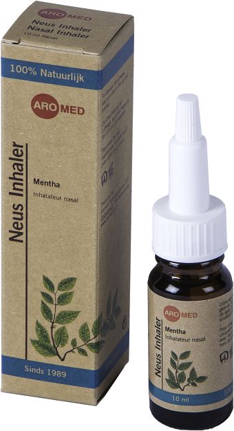 Aromed Mentha neus inhaler 10ml for nasal care and inhalation, featuring a compact container with Mentha essential oil.