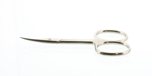 Malteser Vellenschaar 9cm gebogen staalwaren, ideal for crafting or precision cutting, featuring a curved blade and ergonomic handle.