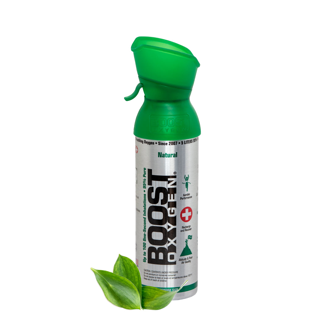 Boost Oxygen Natural 5L portable oxygen canister for respiratory support, featuring a sleek design and clear labeling.