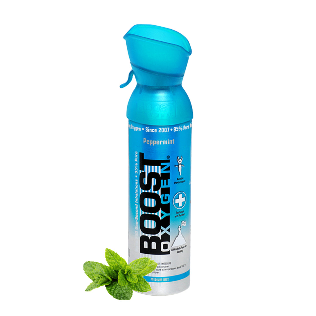 Boost Oxygen peppermint inhaler for respiratory relief, 5-liter capacity, portable oxygen product for easier breathing.
