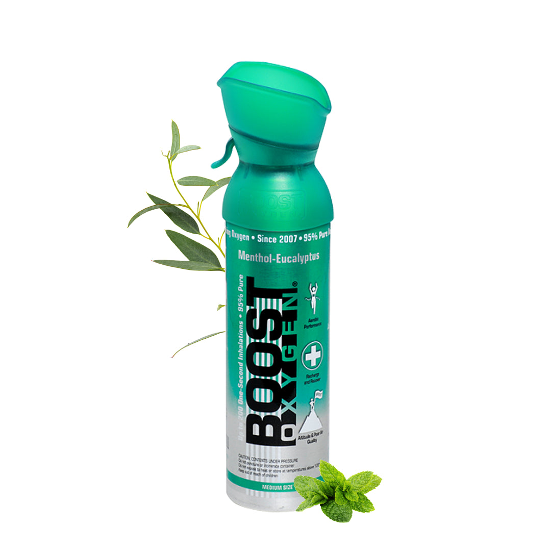 Boost Oxygen menthol eucalyptus air supplement in a 5-liter container for respiratory relief, designed to support airway health.
