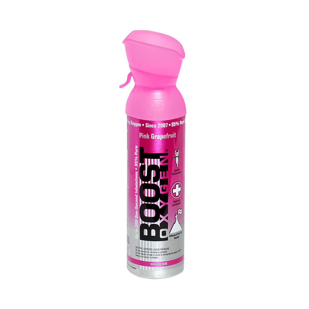 Boost Oxygen pink grapefruit 5L inhaler for luchtwegen, showing the pink grapefruit flavor and portable oxygen canister.