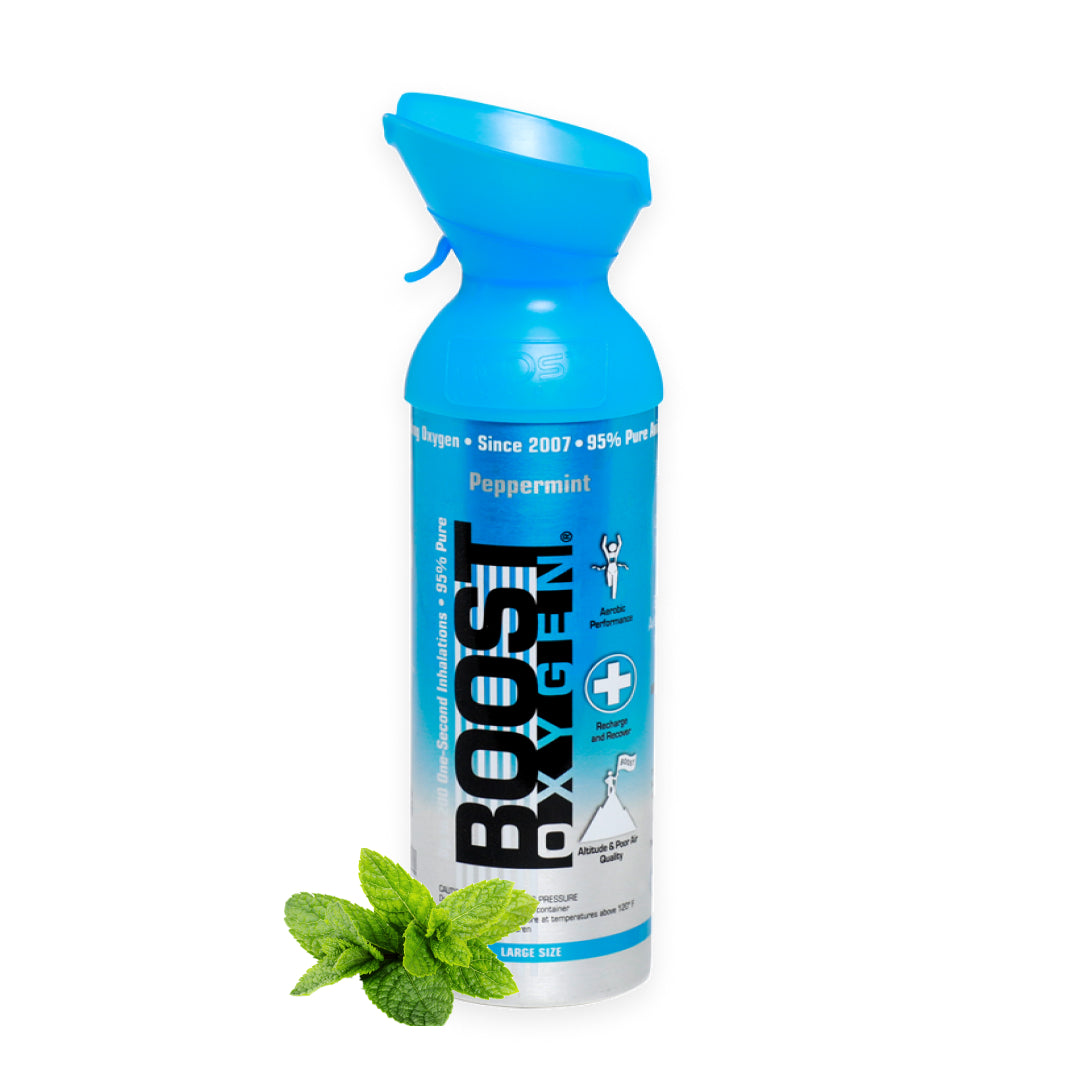 Boost Oxygen peppermint inhaler for respiratory relief, 10-liter portable oxygen canister with peppermint scent.