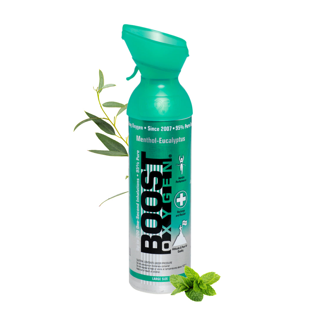 Boost Oxygen Menthol Eucalyptus 9L canister for respiratory relief, featuring a sleek design and labeled with brand and product details.