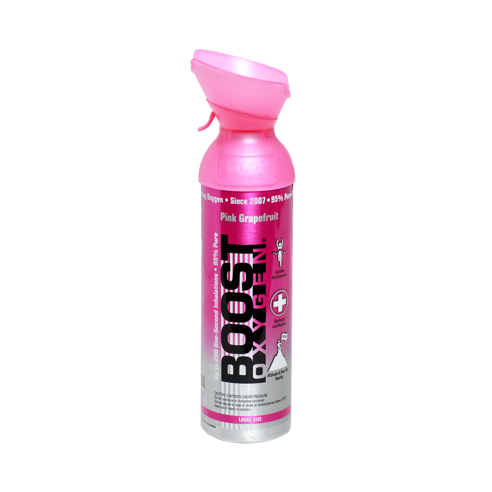 Boost Oxygen pink grapefruit inhaler for respiratory support, 9-liter portable oxygen canister with pink grapefruit scent.