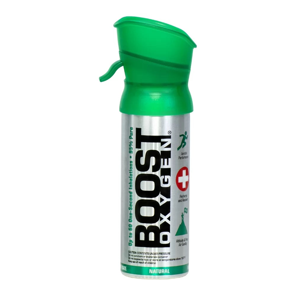 Boost Oxygen Natural 3.00 Liter inhaler for luchtwegen relief, compact portable oxygen cylinder with label and safety cap.