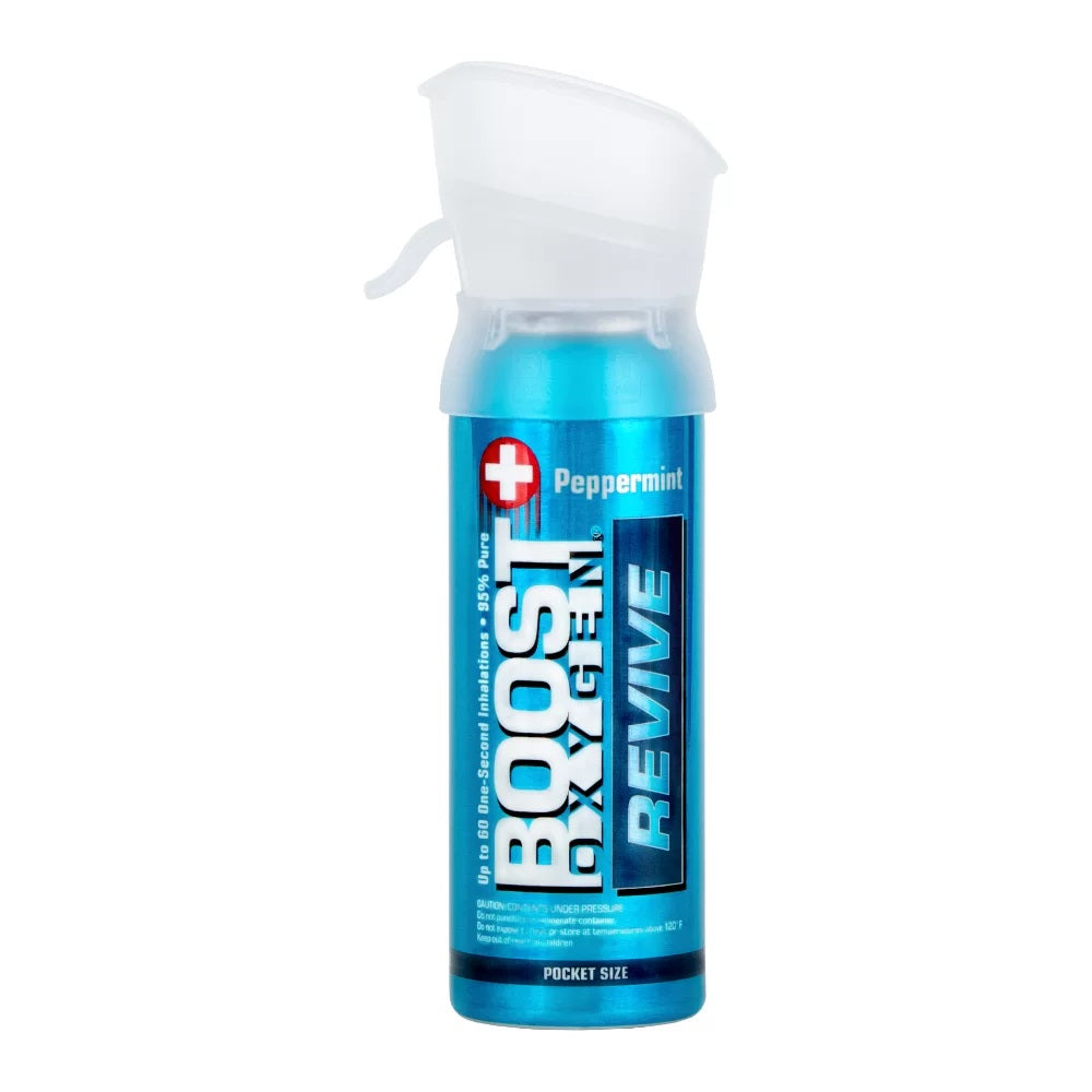 Boost Oxygen Peppermint 3L inhaler for respiratory relief, featuring a sleek white container with a peppermint scent label.