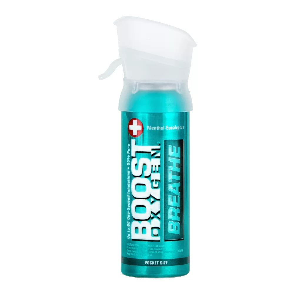 Boost Oxygen menthol eucalyptus 3-liter bottle for respiratory relief, with a clear label and blue cap.