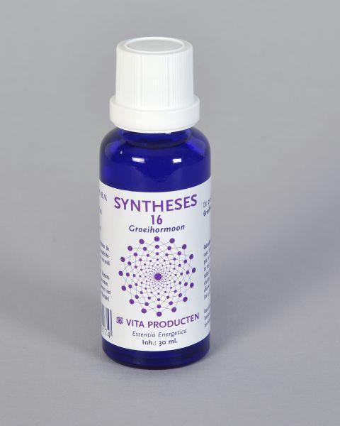 Vita Syntheses 16 groeihormoon kruidenpreparaat in 30 ml bottle, herbal supplement with natural ingredients, product label visible