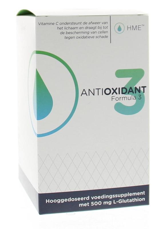 HME Antioxidant nr. 3 multivitamin capsules showing a bottle of 128 capsules with colorful label and supplement details.