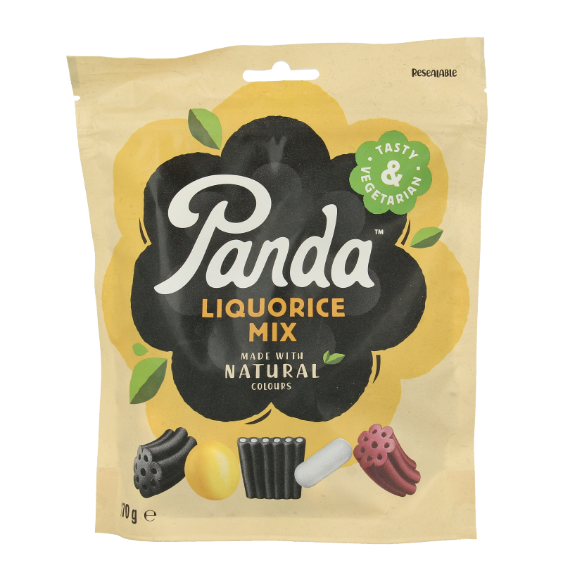 Panda Dropmix 170g snoepgoed package featuring colorful panda-shaped candies in a clear plastic bag.