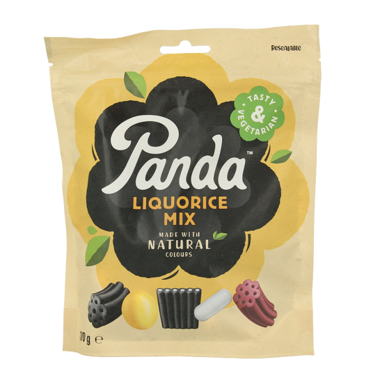 Panda Dropmix 170g snoepgoed package featuring colorful panda-shaped candies in a clear plastic bag.