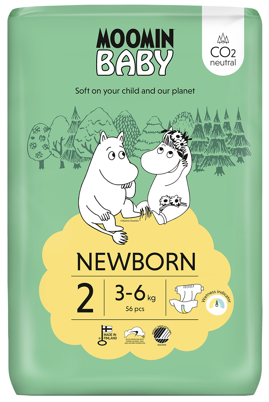 Moomin Baby diapers size 2, 56 count, showing pack of soft, absorbent diapers with Moomin branding and playful design.
