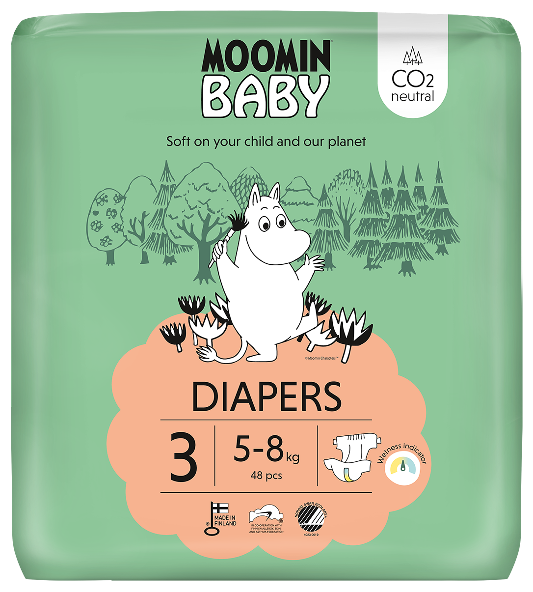 Moomin Baby size 3 diapers with 48 count, soft and absorbent for infants, featuring Moomin characters on the packaging.
