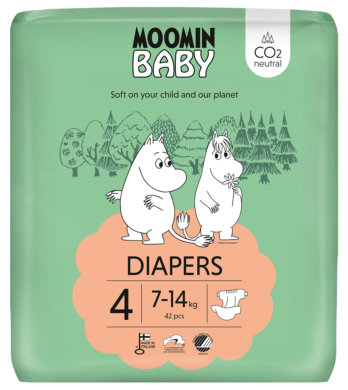 Moomin Baby size 4 diapers with 42 pack, soft and absorbent for infants, in a colorful packaging with Moomin characters.